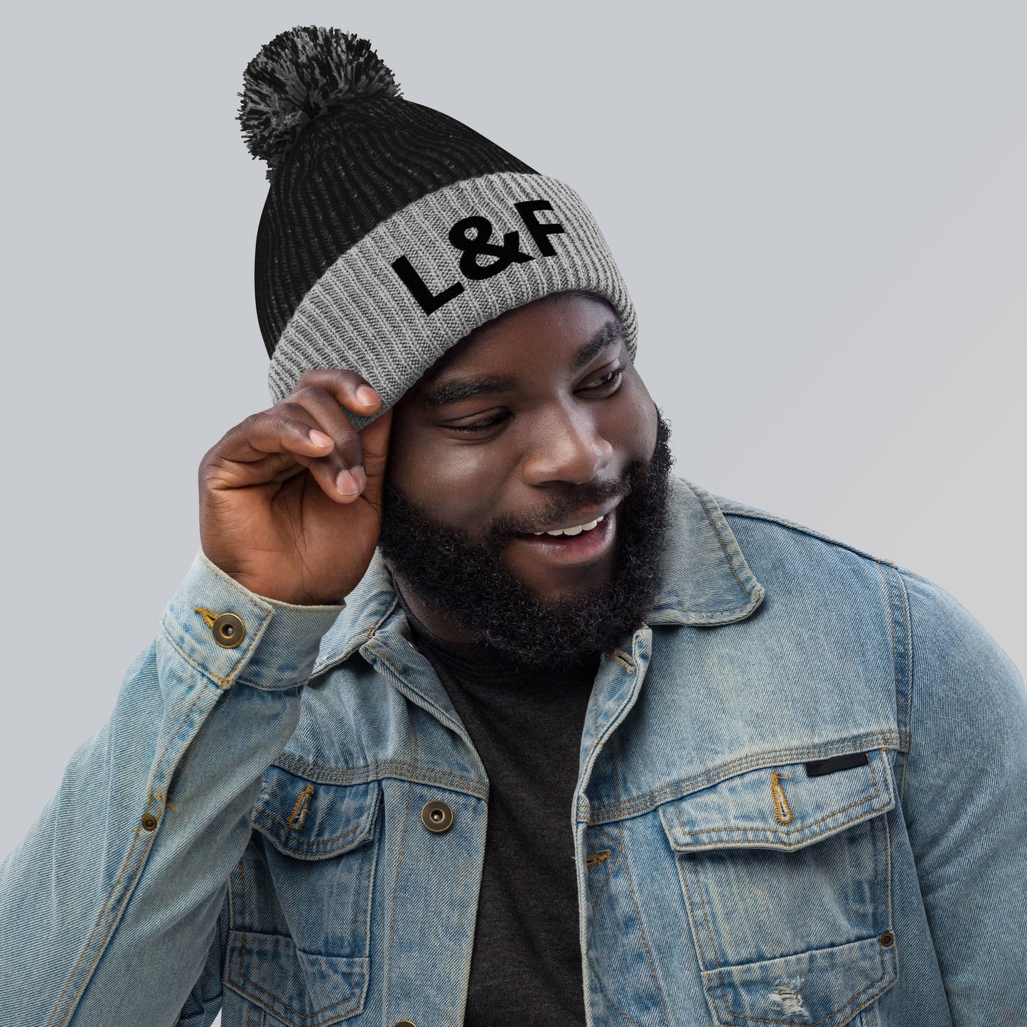 Jewel Collection Black Embroidery Pom-Pom Beanie