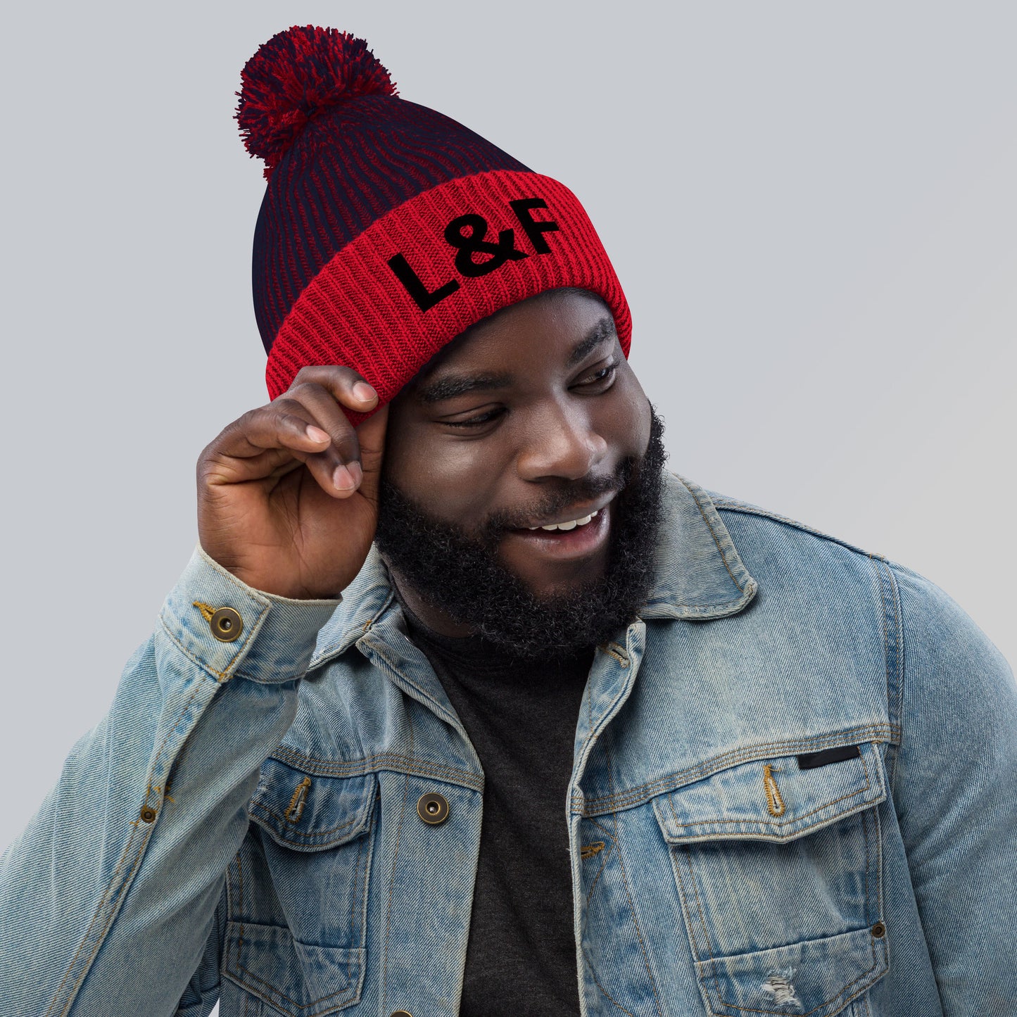 Jewel Collection Black Embroidery Pom-Pom Beanie