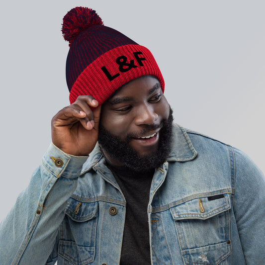Jewel Collection Black Embroidery Pom-Pom Beanie